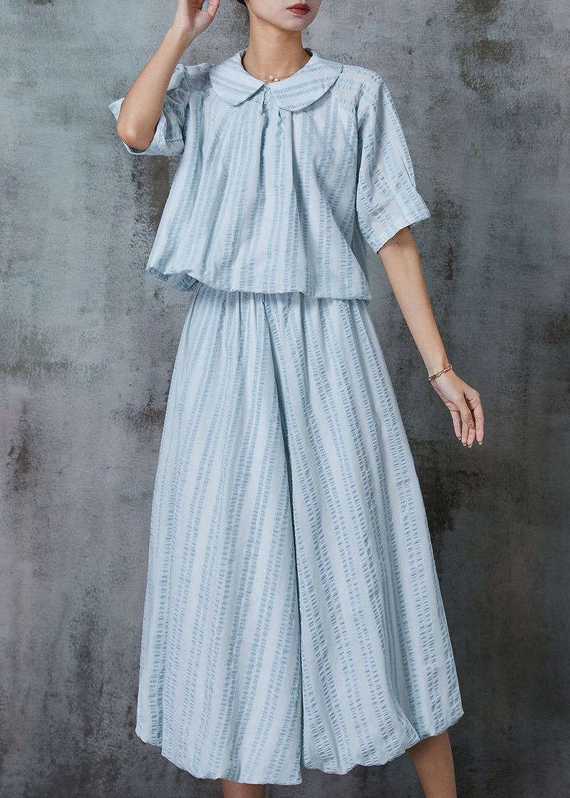 Blue Peter Pan Collar Wrinkled Cotton Two Pieces Set Summer