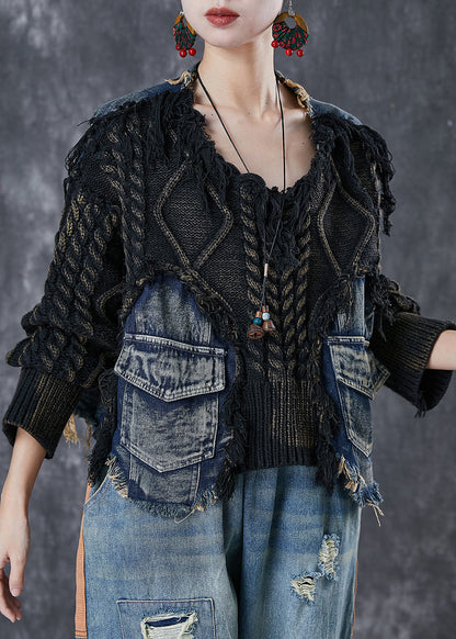 Boutique Black Oversized Patchwork Denim Knitted Tops Winter
