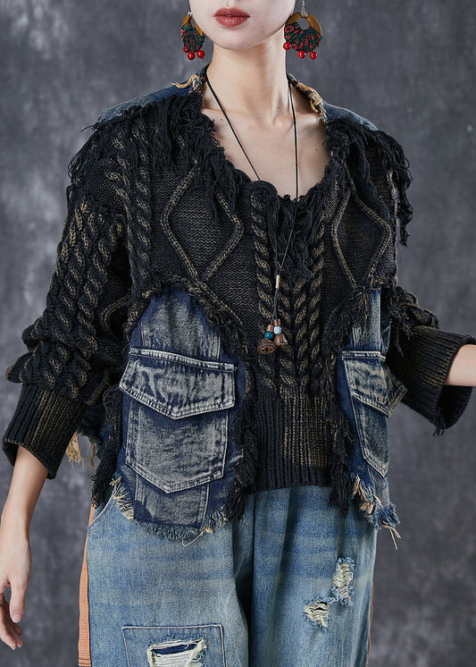 Boutique Black Oversized Patchwork Denim Knitted Tops Winter