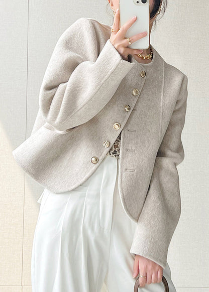 Pink O Neck Button Woolen Short Coat Spring