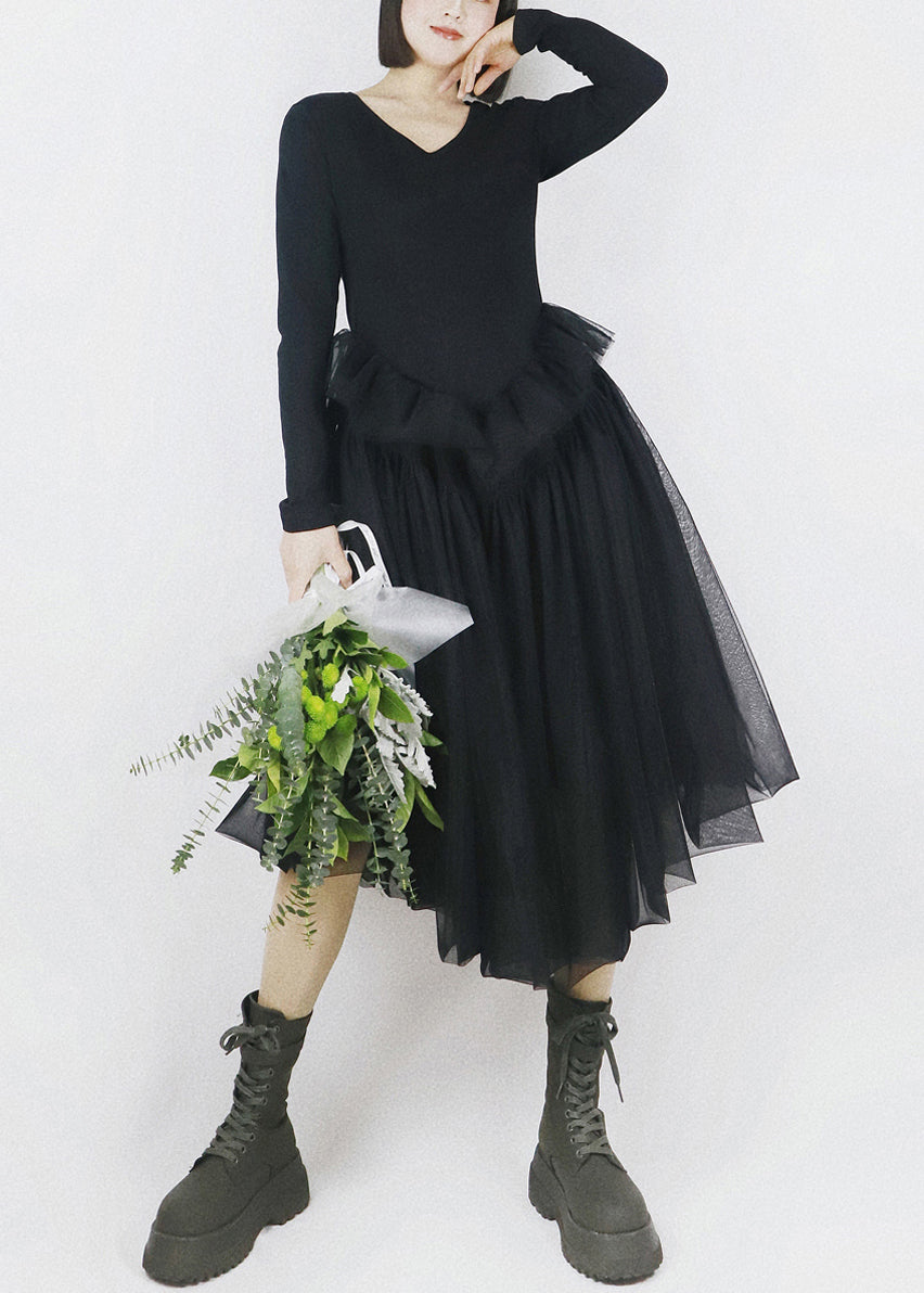 Black Asymmetrical Tulle Patchwork Cotton Dresses