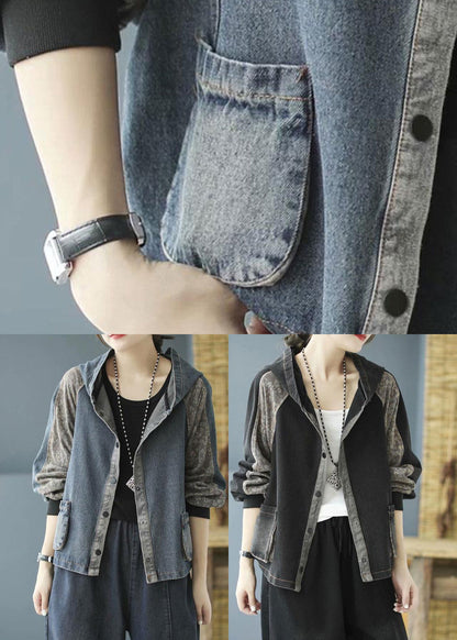 Black Print Button Hooded Denim Coat Long Sleeve Spring