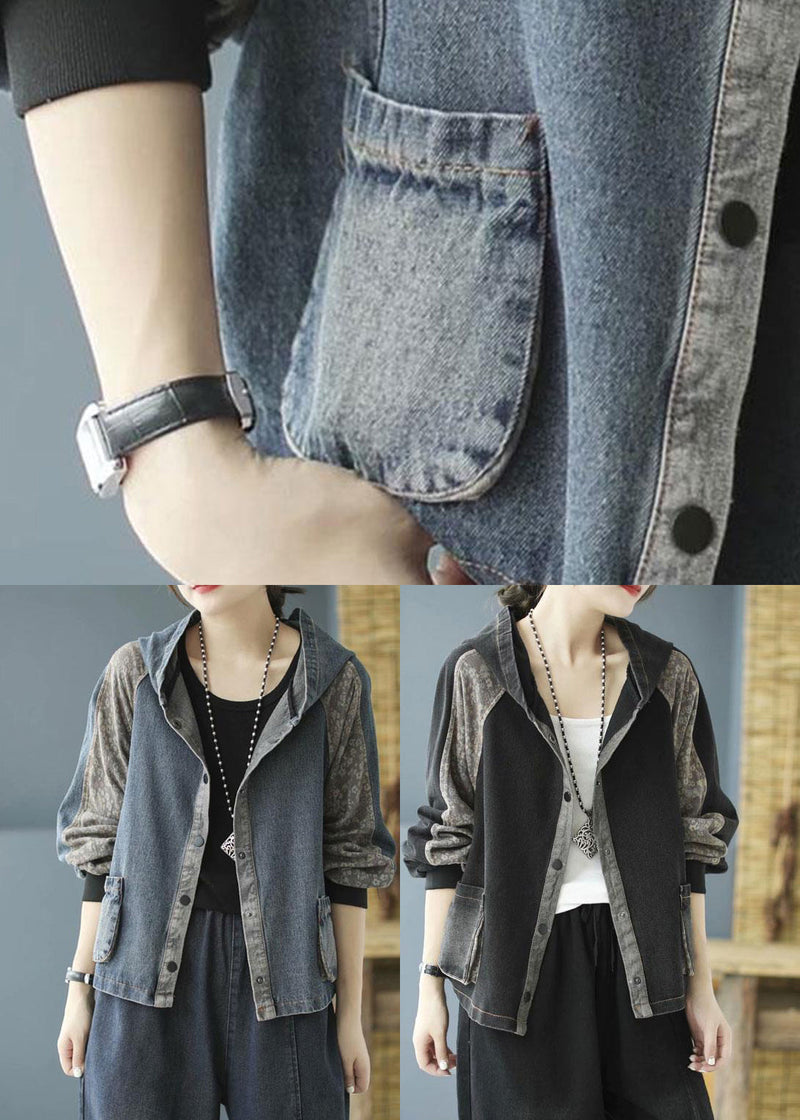 Black Print Button Hooded Denim Coat Long Sleeve Spring