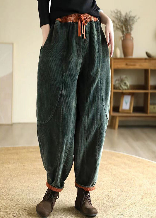 Green Oversized Pockets Warm Fleece Corduroy Harem Pants Winter