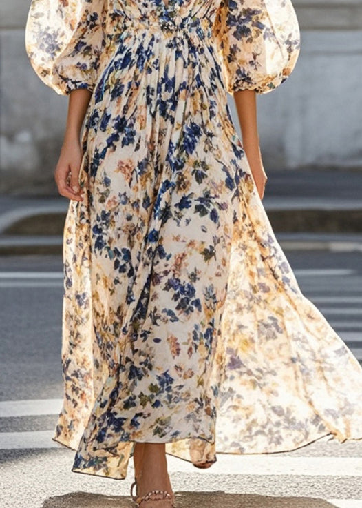 Khaki V Neck Print Chiffon Maxi Dresses Bracelet Sleeve