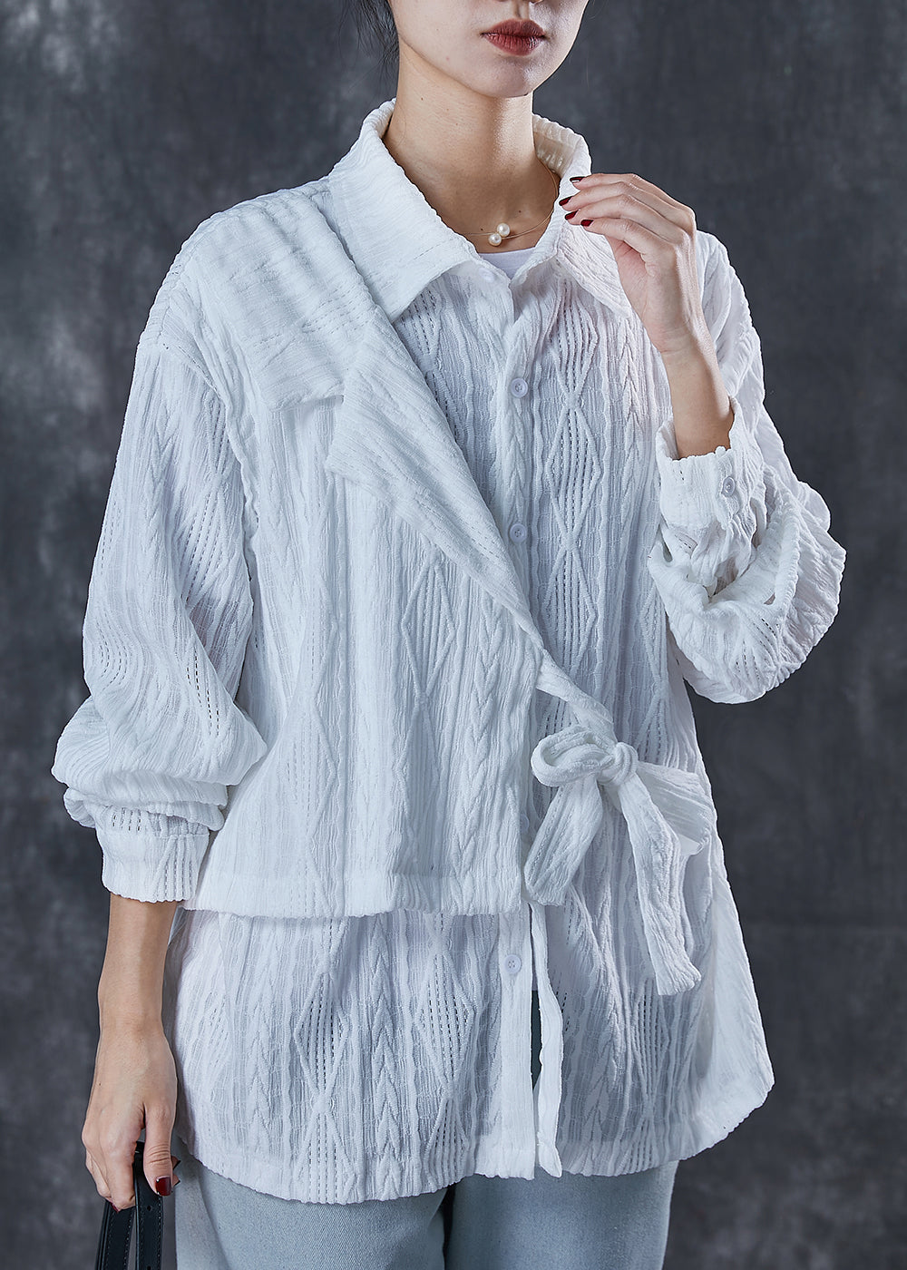 White Asymmetrical Lace Up Cotton Blouses Spring