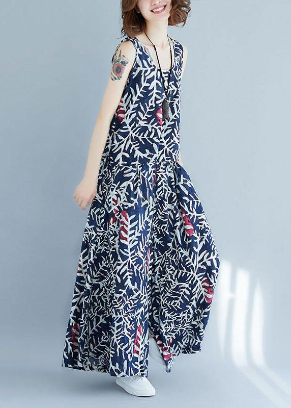 Blue Print Sleeveless Two-piece Set Summer Cotton Linen