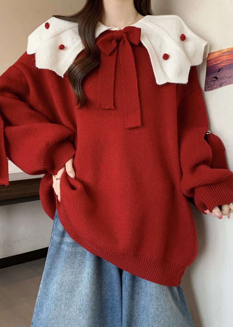 Red Oversized Patchwork Bow Knit Sweater Fall