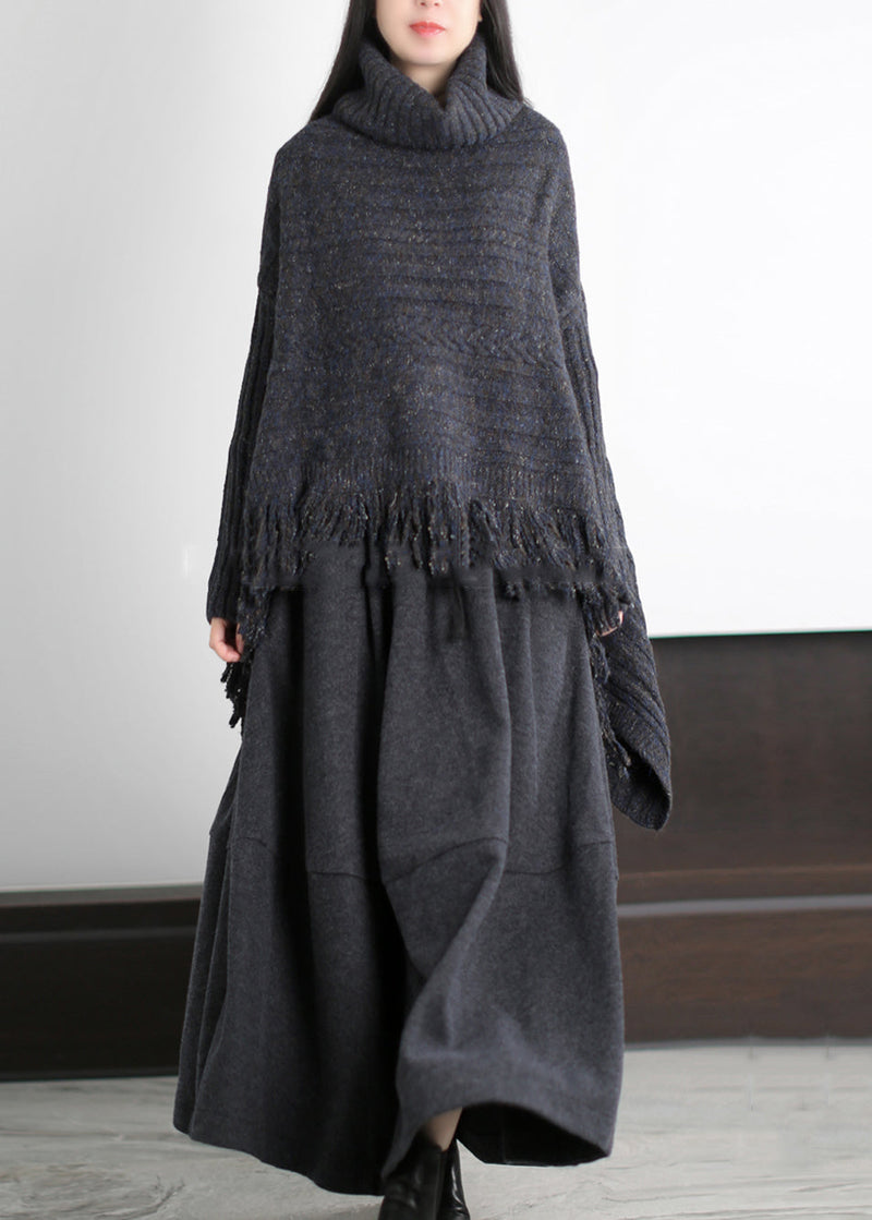 Art Black Asymmetrical Tasseled Knit Sweaters Winter