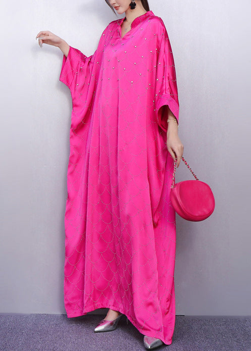 Rose Print Rhinestone Silk Vacation Dresses Batwing Sleeve