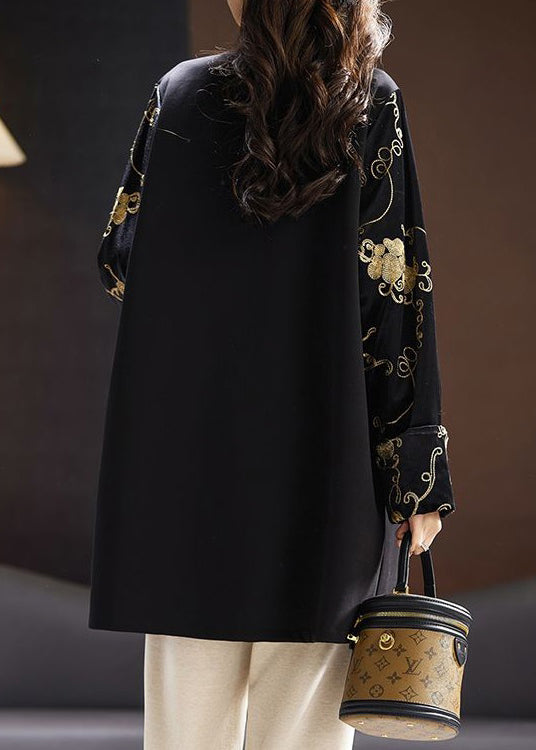 New Black O-neck Embroideried Silk Velour Patchwork Top Long Sleeve
