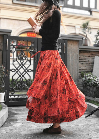 Orange Wrinkled Print Patchwork Cotton Skirt Spring