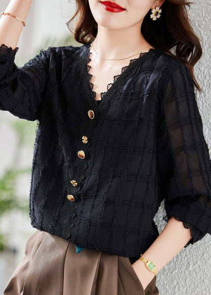 Black V Neck Lace Patchwork Chiffon Shirt Top Fall