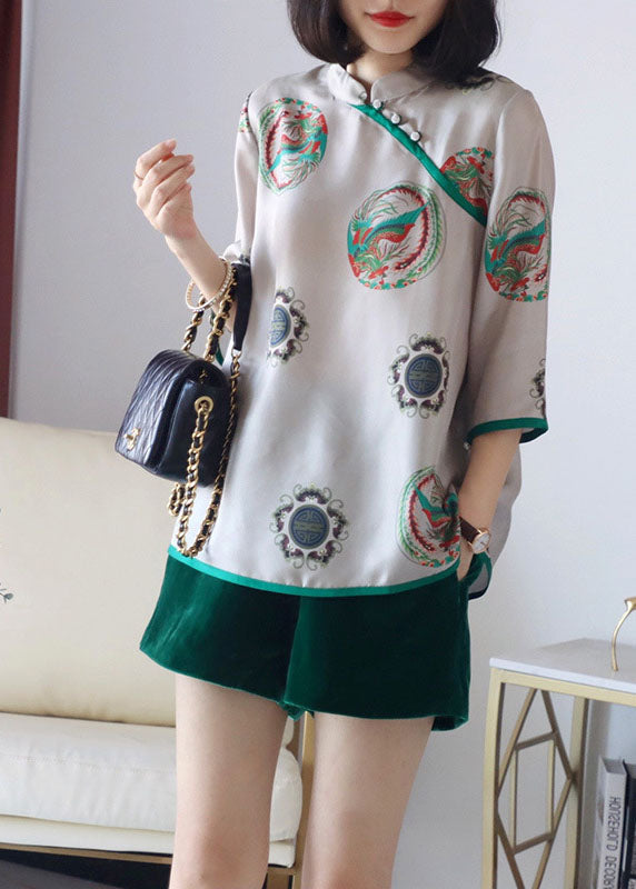 Grey Stand Collar Button Print Patchwork Silk Blouses Spring