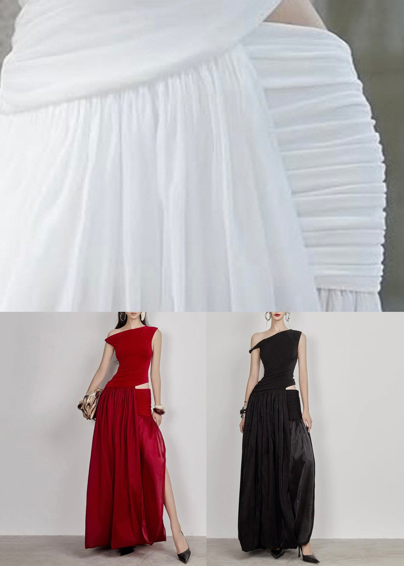 Stylish Red Wrinkled Hollow Out Cotton Long Dress Sleeveless