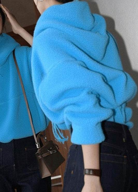 Blue Pockets Patchwork Faux Fur Hooded Sweatshirts Fall