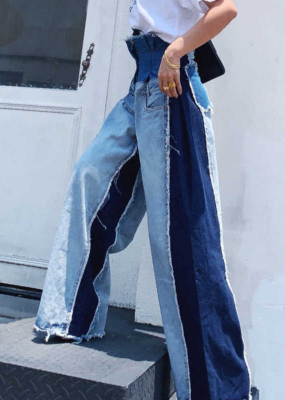 Modern Blue Pockets High Waist Patchwork Denim Pants Spring