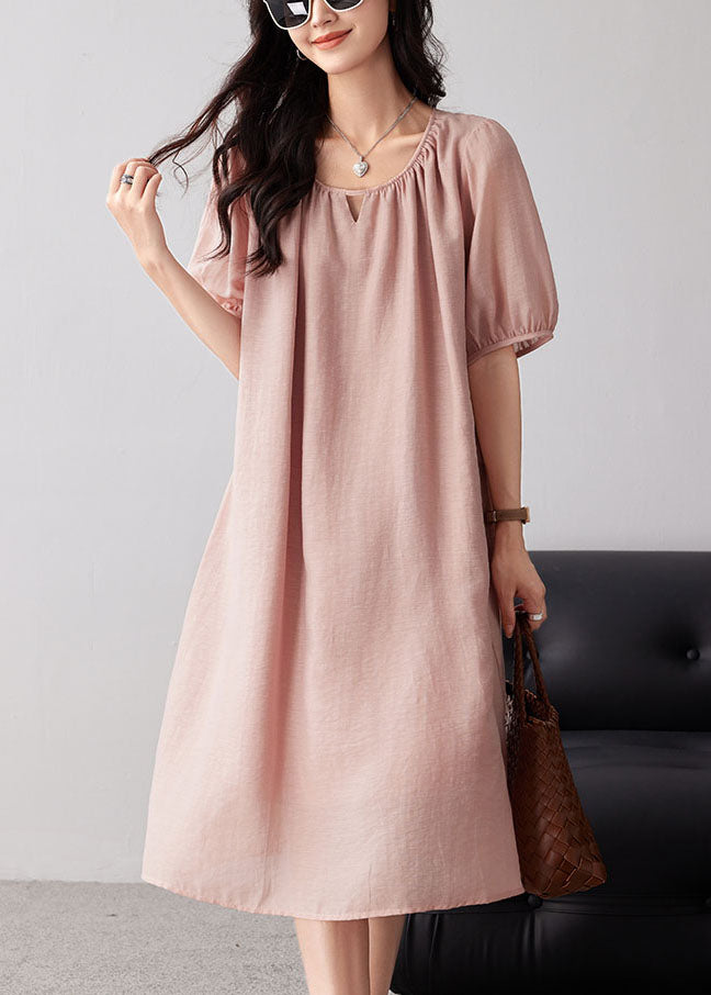 Pink O-neck Hollow Out Cotton Dresses Summer