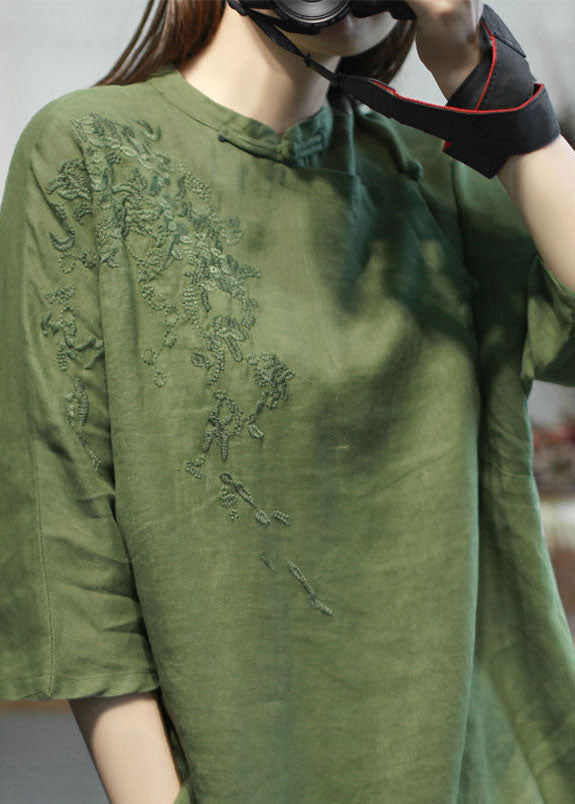 Green Stand Collar Embroideried Linen Tops Half Sleeve