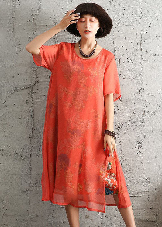 Red Side Open Print Dress Short Sleeve