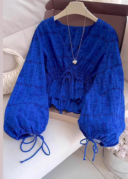 Loose Blue V Neck Hollow Out Lace Up Cotton Shirt Lantern Sleeve