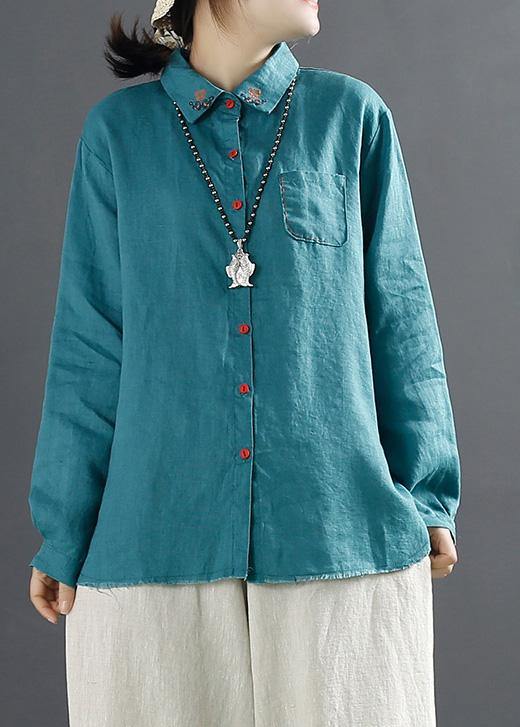 Blue Blouses for Lapel Embroidery Baggy Blouse