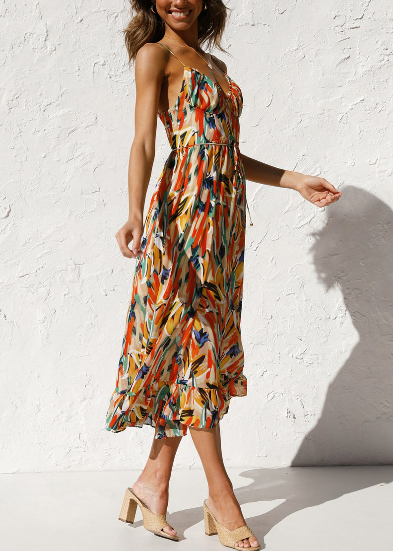 Novelty Orange Ruffled Print Cotton Spaghetti Strap Dress Sleeveless Summer