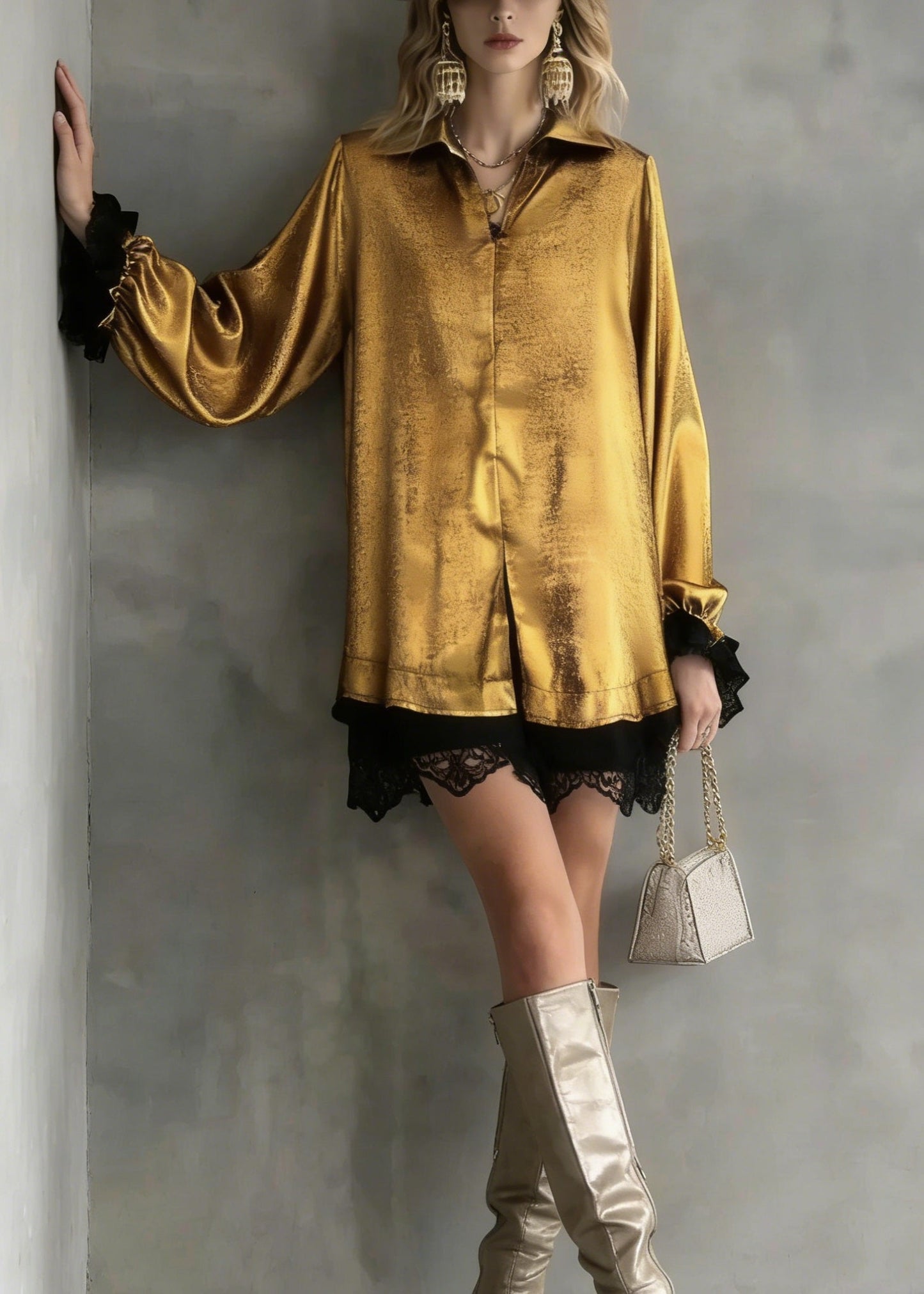 New Yellow Peter Pan Collar Lace Patchwork Silk Top Spring