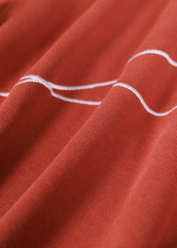Brick Red O-neck Embroideried Loose Fall Sweatshirt