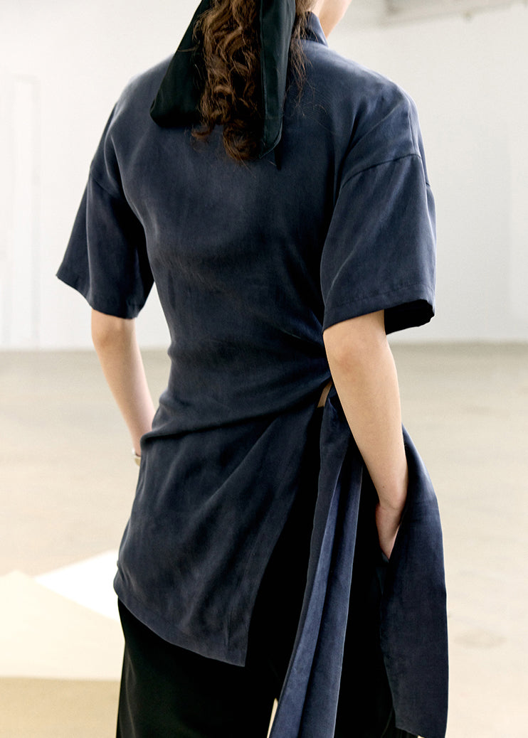 Navy Lace Up Side Open Silk T Shirts Summer