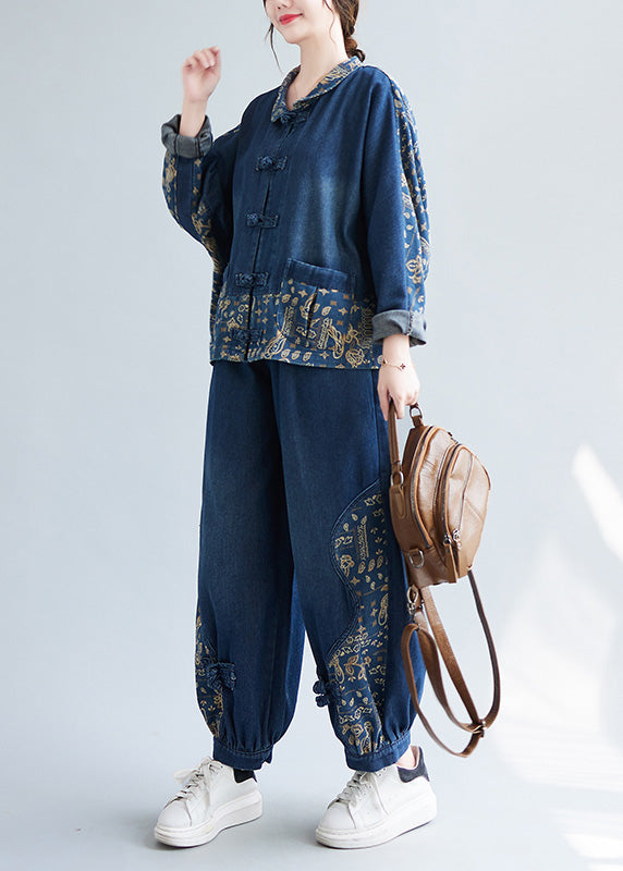 Loose Denim Blue Peter Pan Collar Print Coats and Lantern Pants Two Pieces Set Spring