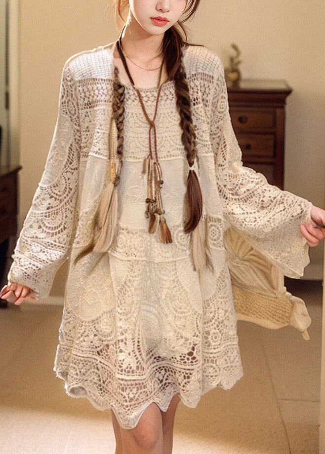 French Beige Hollow Out Lace Mid Dress Spring
