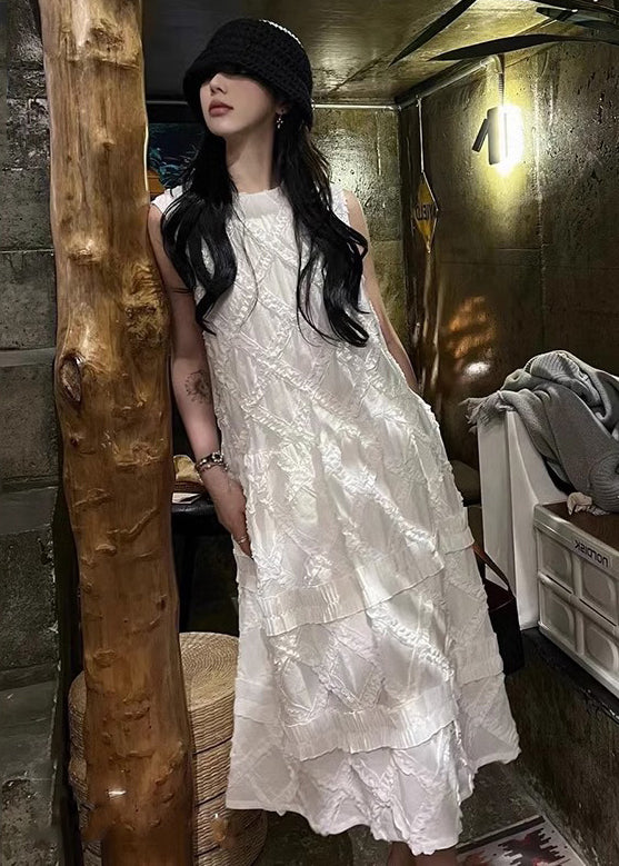 White Ruffled Cotton Long Dress Sleeveless