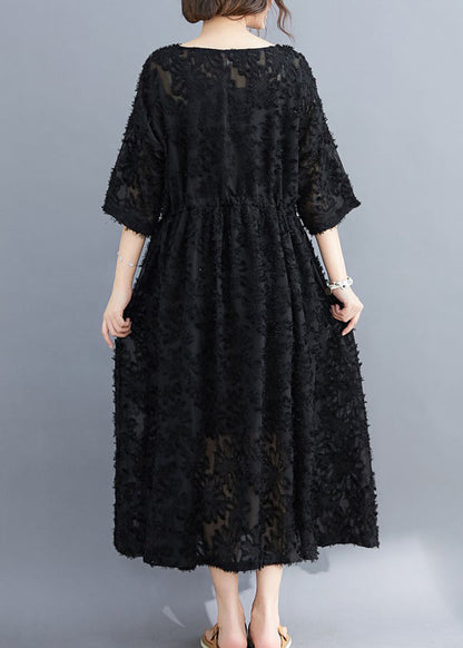 Black V Neck Embroideried Dress Two Pieces Set Half Sleeve