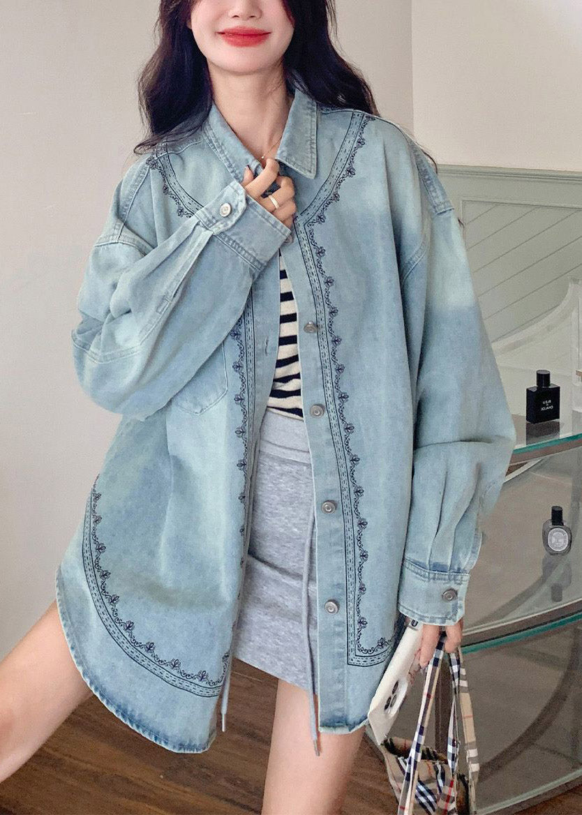 Blue Peter Pan Collar Patchwork Button Denim Shirt Fall
