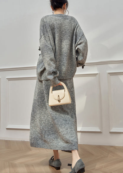Grey O Neck Bow Button Knit Two-piece Set Winter