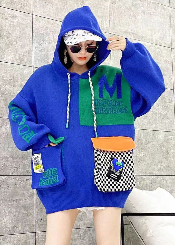 Green Hooded Pockets Patchwork Knit Pullover Spring