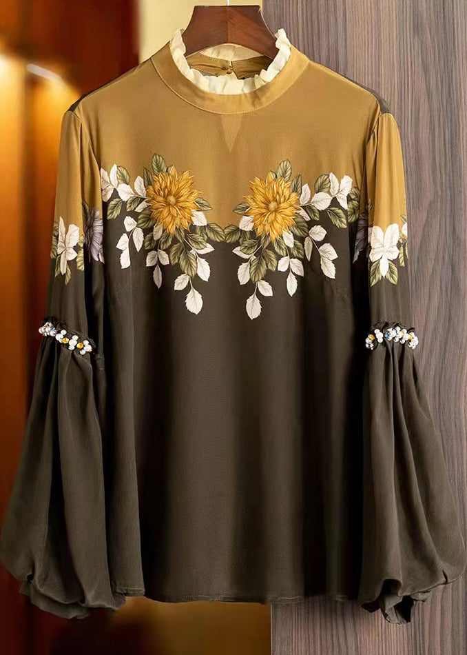 Brown Stand Collar Ruffled Pearl Patchwork Print Blouses Top Puff Sleeve