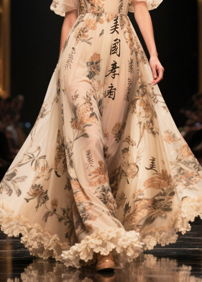 Apricot Ruffled Print Exra Large Hem Chiffon Dress Summer