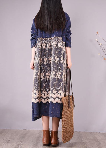 Unique Blue Print Dresses Patchwork Lace Kaftan Spring Dress