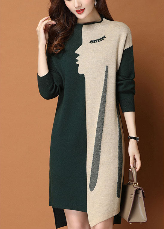 Green Patchwork Asymmetrical Design Slim Fit Fall Sweater Dress