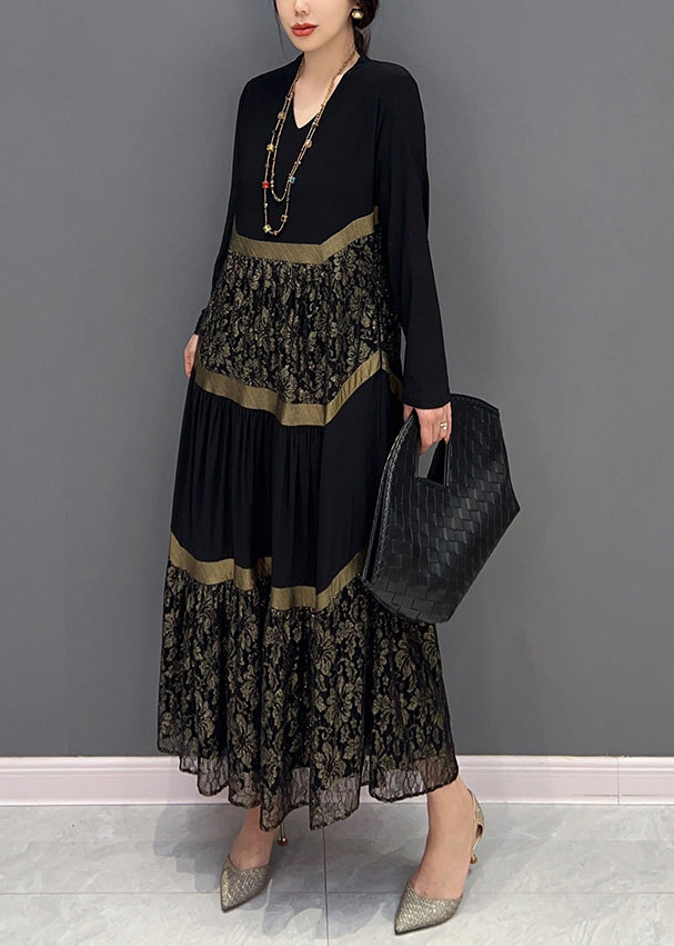 Black V Neck Print Tulle Patchwork Cotton Dresses Fall