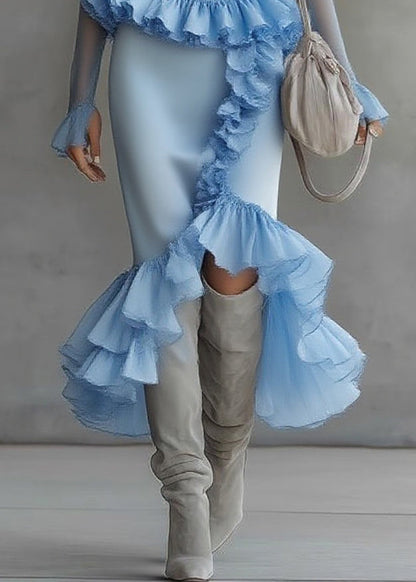 Modern Blue Turtleneck Ruffled Tulle Patchwork Long Dress Flare Sleeve