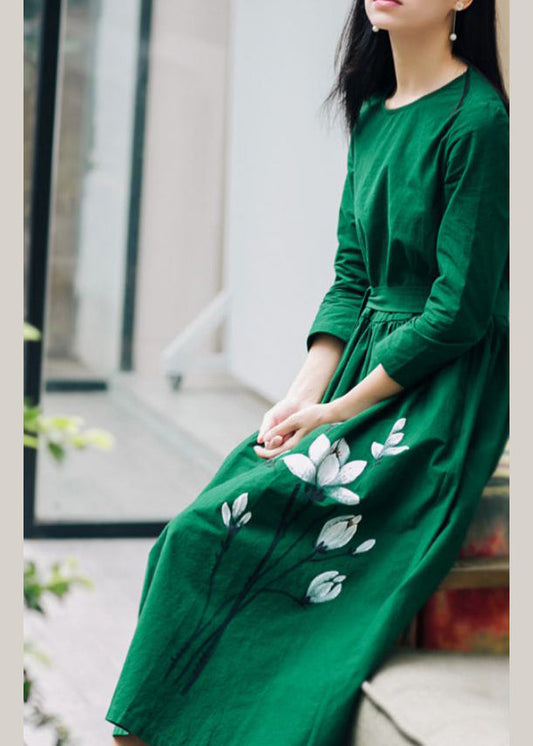 Natural Green O-neck Cinched Sashes Print Linen Dress Three Quarter Sleeve