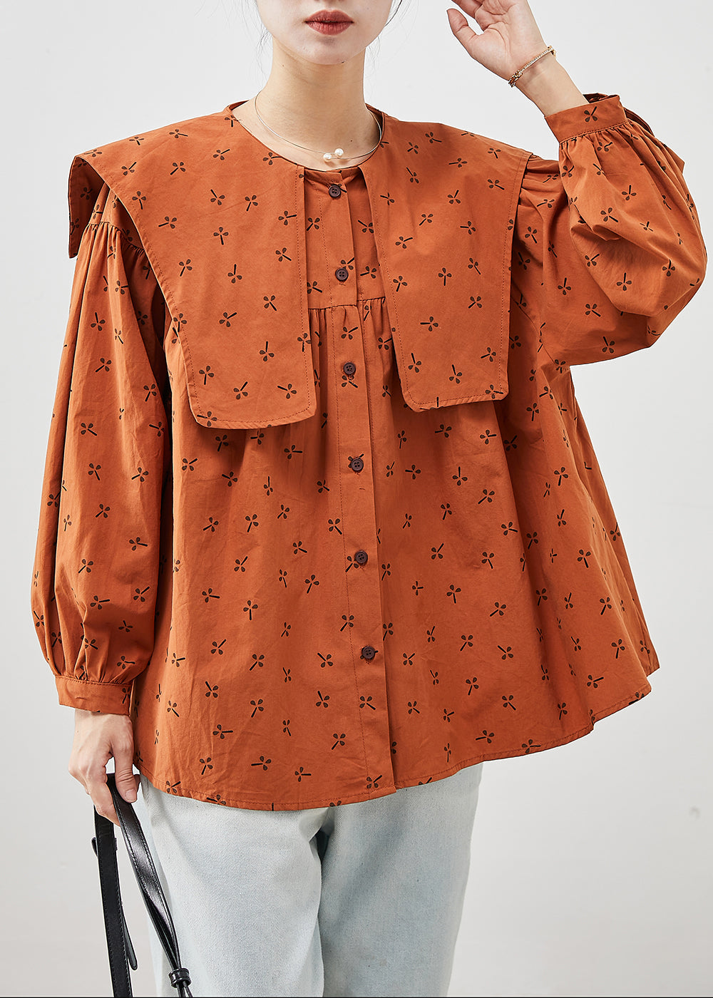 Orange Oversized Print Cotton Tops Fall