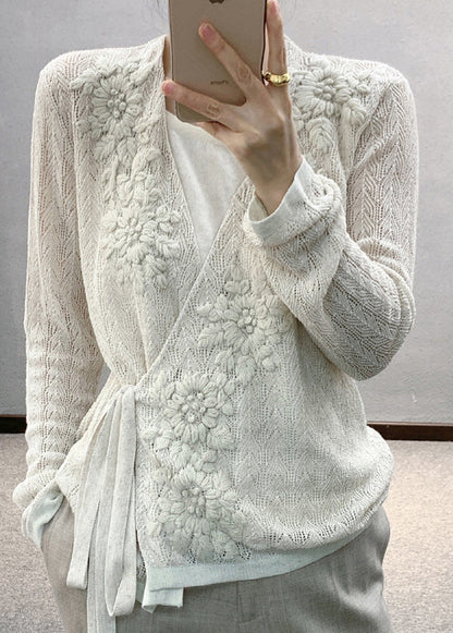 White Lace Up Hollow Out Patchwork Knit Top Fall