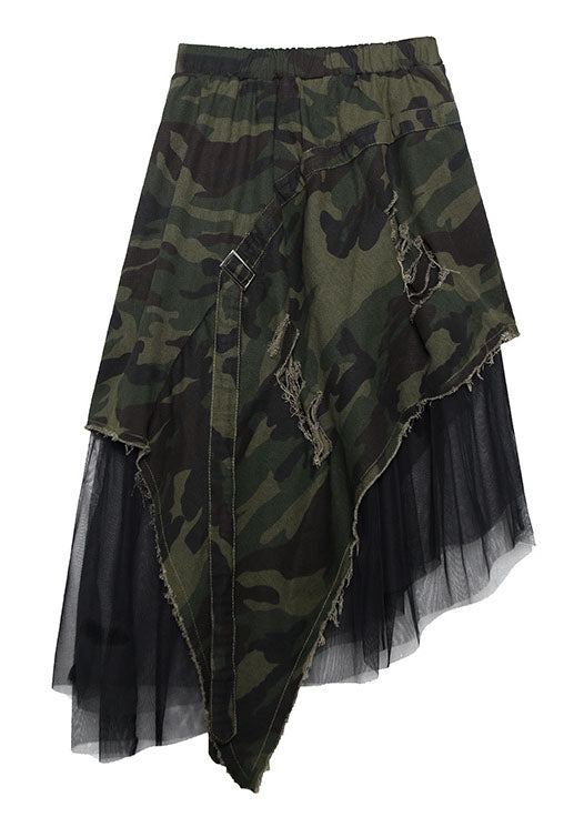 Italian Camouflage High Waist Denim Patchwork Tulle Asymmetrical Design Fall Skirts
