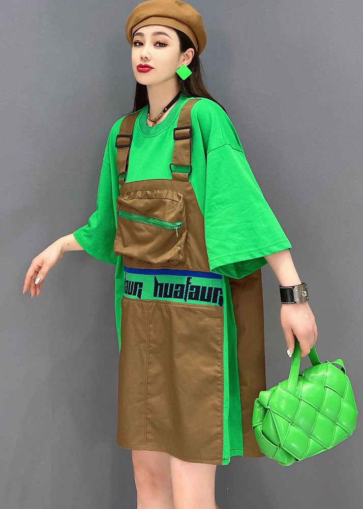 Green O-neck Patchwork Cotton Fake Two Piece Strap Dress Short Sleeve
