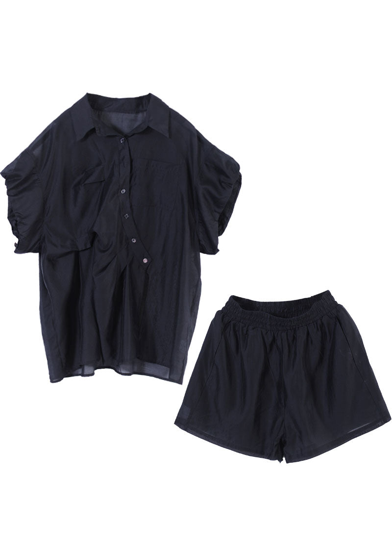 Black Asymmetrical Design Button Silk Shirts and Shorts Two Piece Suit Set Summer