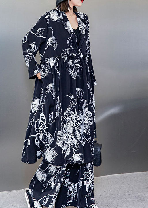 Stylish Black V Neck Cinched Print Silk Tops Wide Leg Pants Two Pieces Set Spring